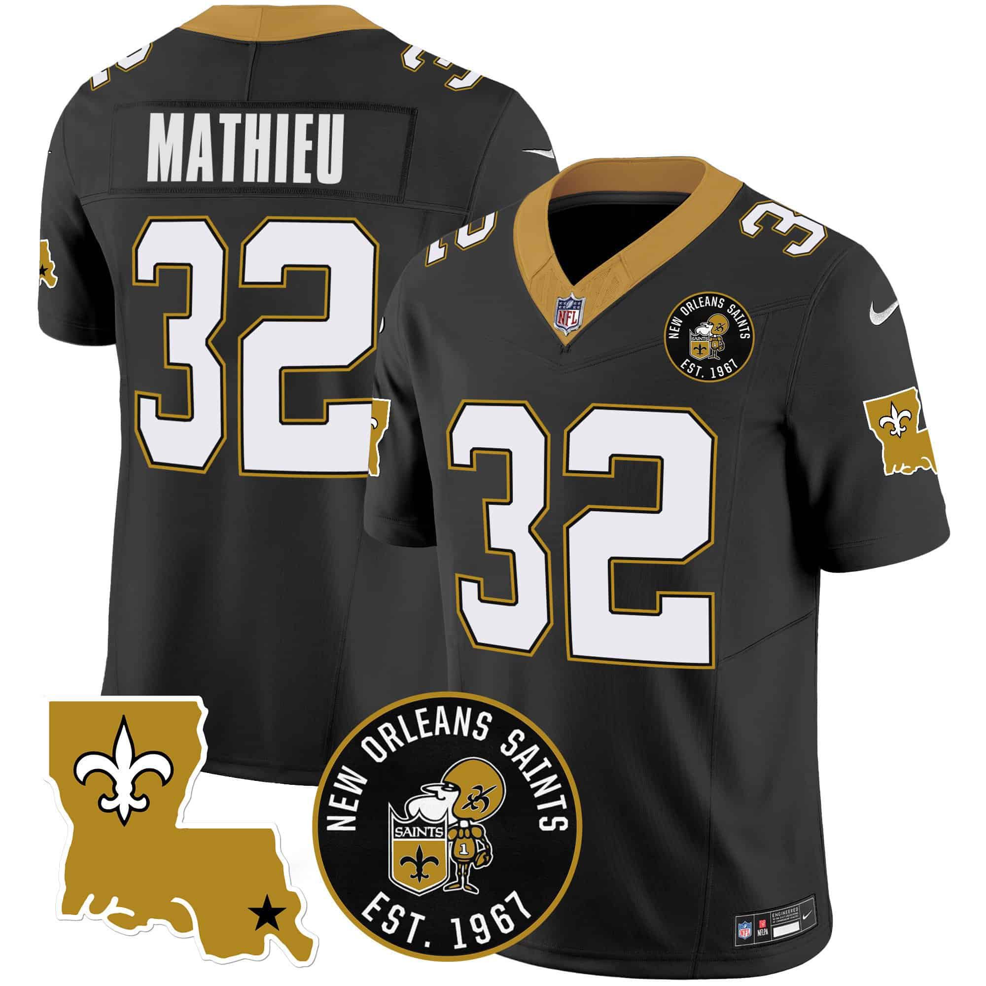 Men New Orleans Saints #32 Mathieu Black 2024 Nike 1967 Patch Vapor Limited NFL Jersey style 1